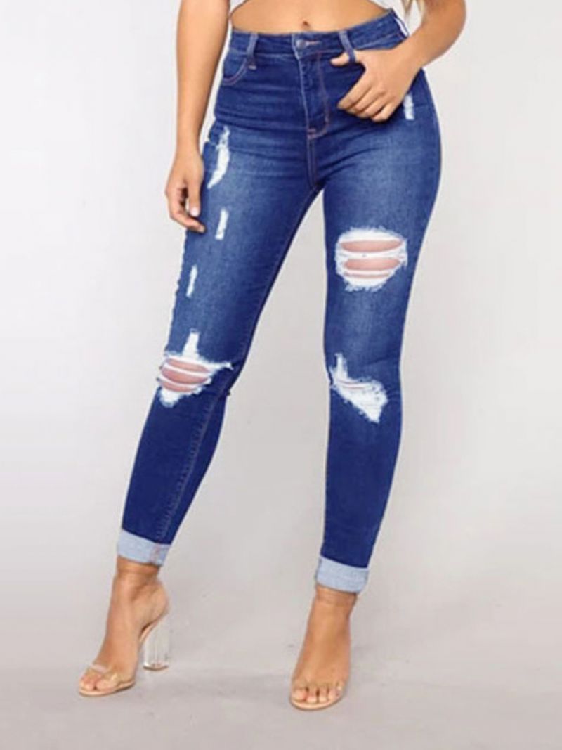 Rippede Jeans High Rise Casual Bomuld Skinny Bottoms Til Kvinder - Blå