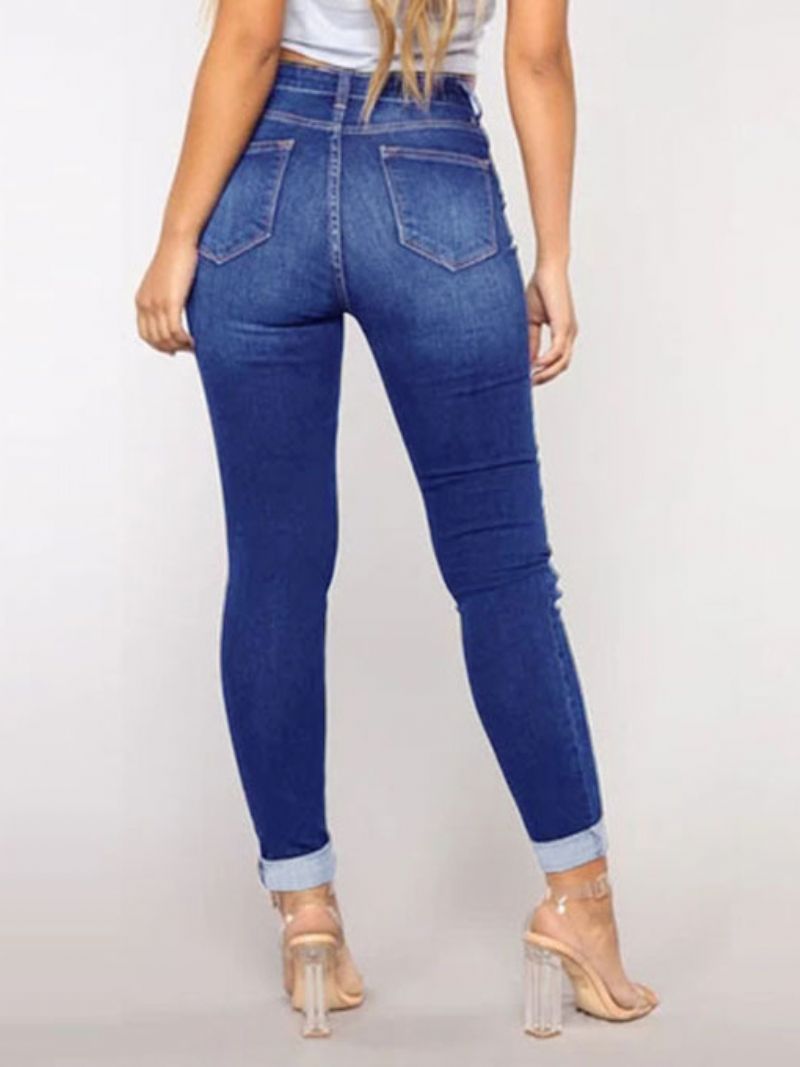 Rippede Jeans High Rise Casual Bomuld Skinny Bottoms Til Kvinder - Blå