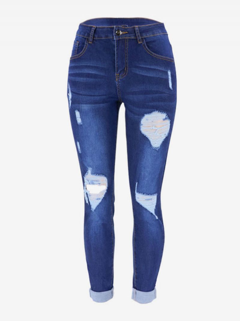 Rippede Jeans High Rise Casual Bomuld Skinny Bottoms Til Kvinder - Blå