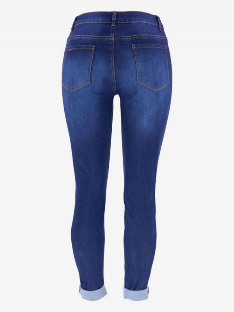 Rippede Jeans High Rise Casual Bomuld Skinny Bottoms Til Kvinder - Blå