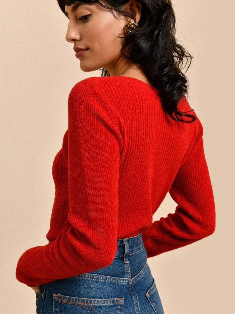 Rød Ribstrikket Sweater Bateau Neck Udskåret Lange Ærmer Raffineret Dametop - Rød