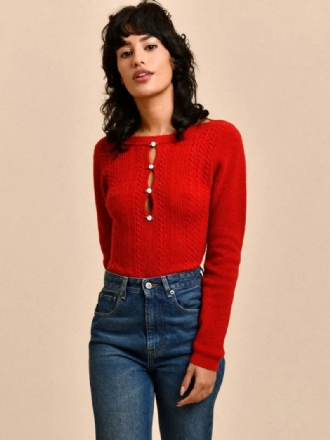 Rød Ribstrikket Sweater Bateau Neck Udskåret Lange Ærmer Raffineret Dametop