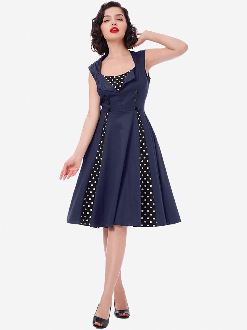 Rød Vintagekjole Polka Dot Firkantet Hals Ærmeløs Slim Fit Circle Skater Kjole Til Kvinder - Mørk Navy