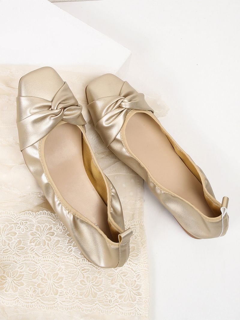 Røde Ballet Flats Kvinder Buer Firkantet Toe Knotted Slip On Sko - Guld