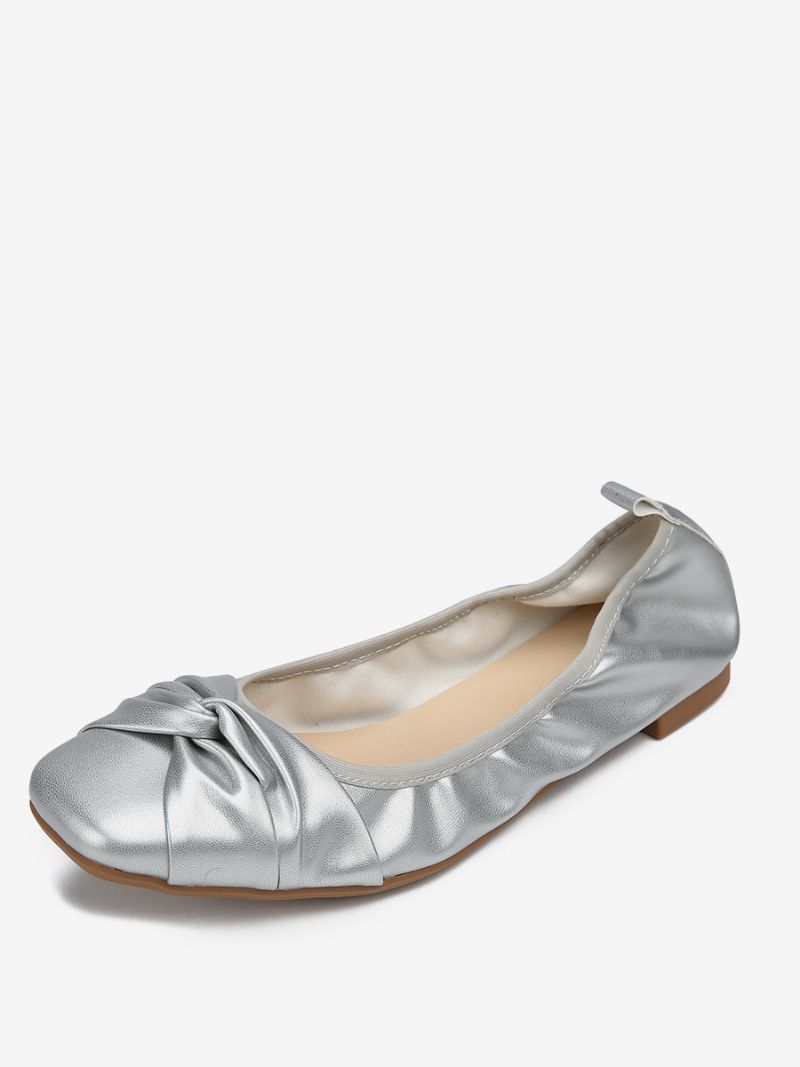 Røde Ballet Flats Kvinder Buer Firkantet Toe Knotted Slip On Sko - Sølv