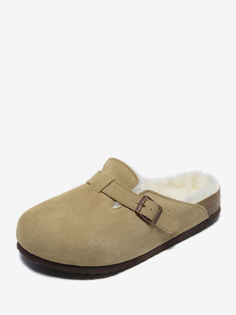 Sandaler Til Mænd Slip-on Color Block Koskind Træ Justerbar Rem Spænde Pels Hjemmesko Flade - Lysegul