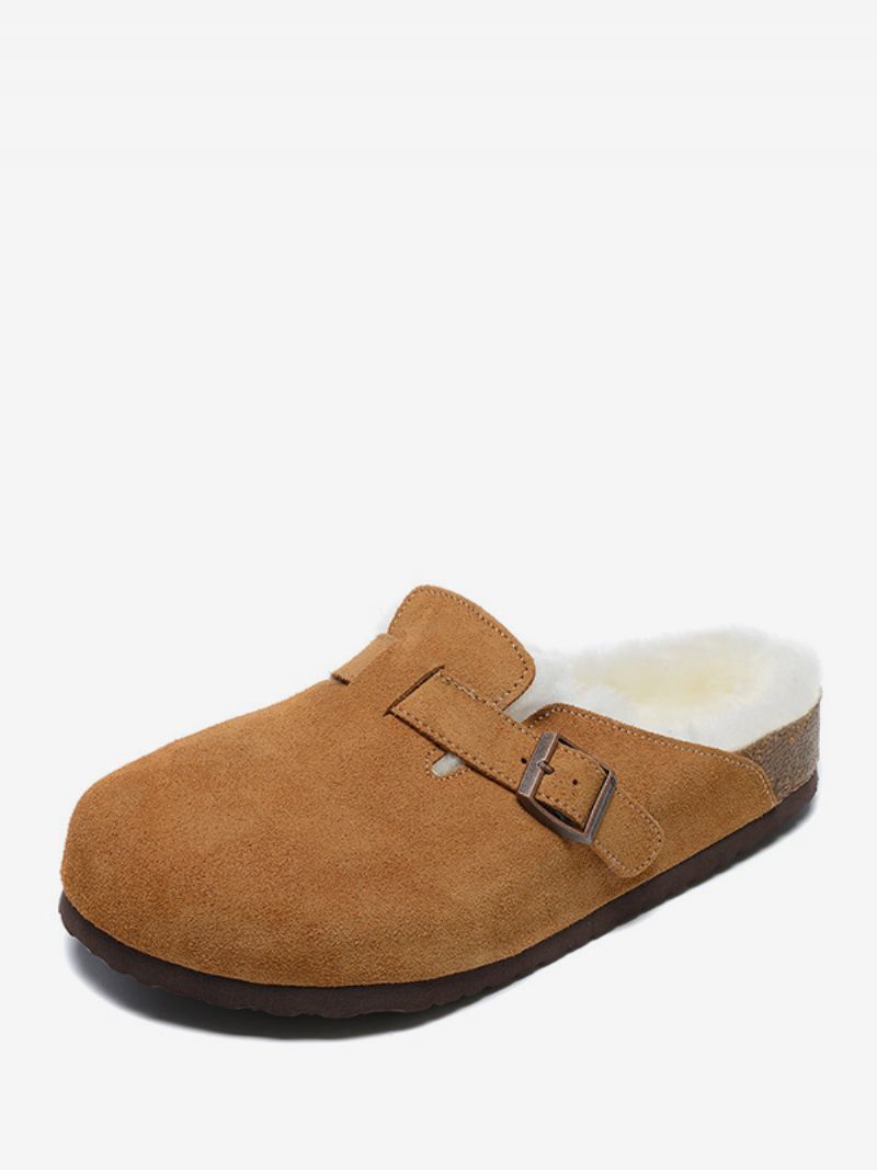 Sandaler Til Mænd Slip-on Color Block Koskind Træ Justerbar Rem Spænde Pels Hjemmesko Flade - Kaffebrun