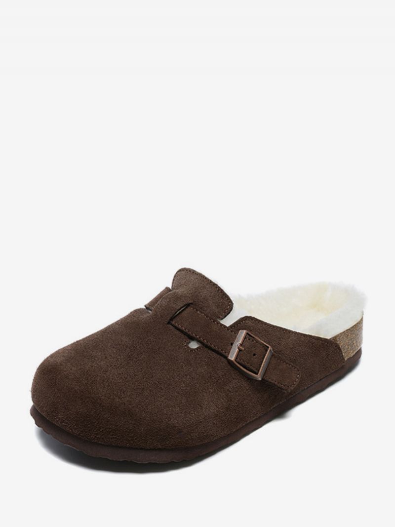 Sandaler Til Mænd Slip-on Color Block Koskind Træ Justerbar Rem Spænde Pels Hjemmesko Flade - Chokolade