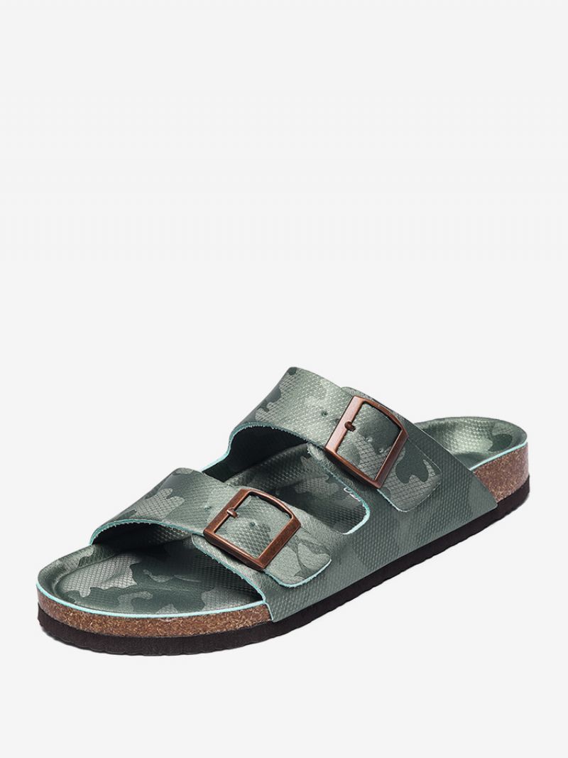 Sandaler Til Mænd Slip-on Color Block Pu Læder Split-sål - Mørkegrøn