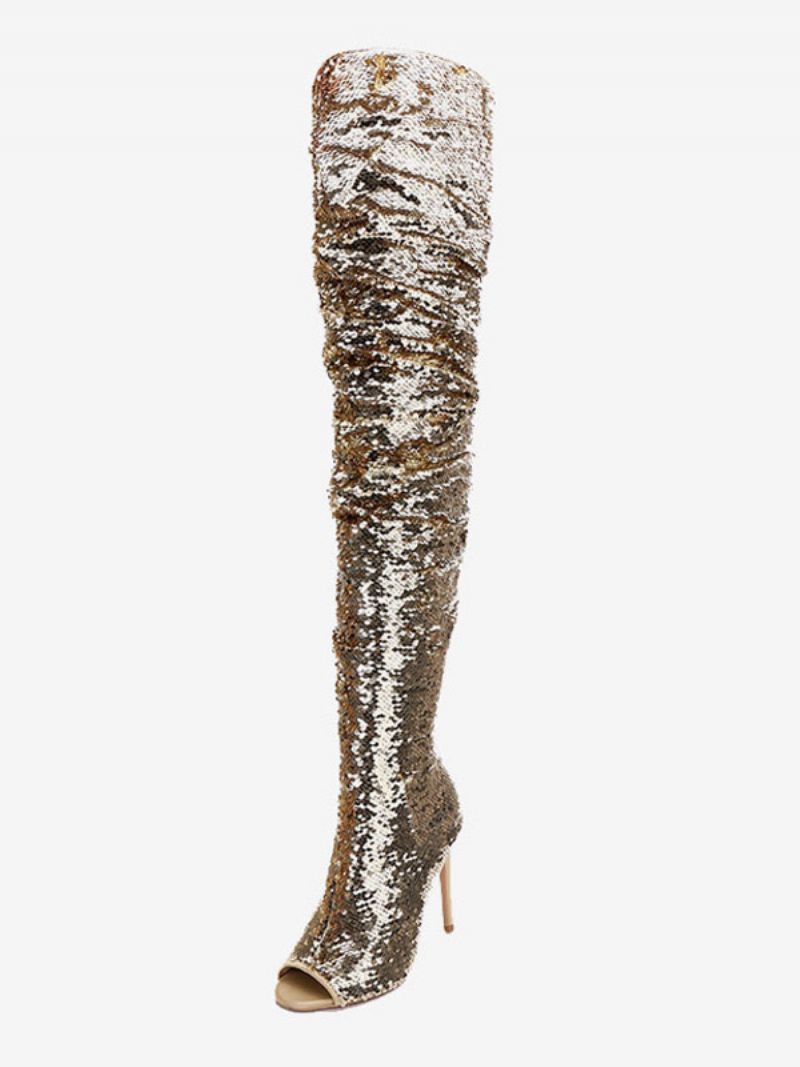 Sequin Over The Knee Støvler Kvinder Peep Toe Stilethæl Lårhøje - Guld