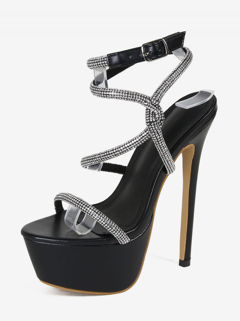 Sexede Sandaler Til Kvinder Sort Pu Læder Peep Toe 2.4 Tommer Rhinestones 6.3 Sko