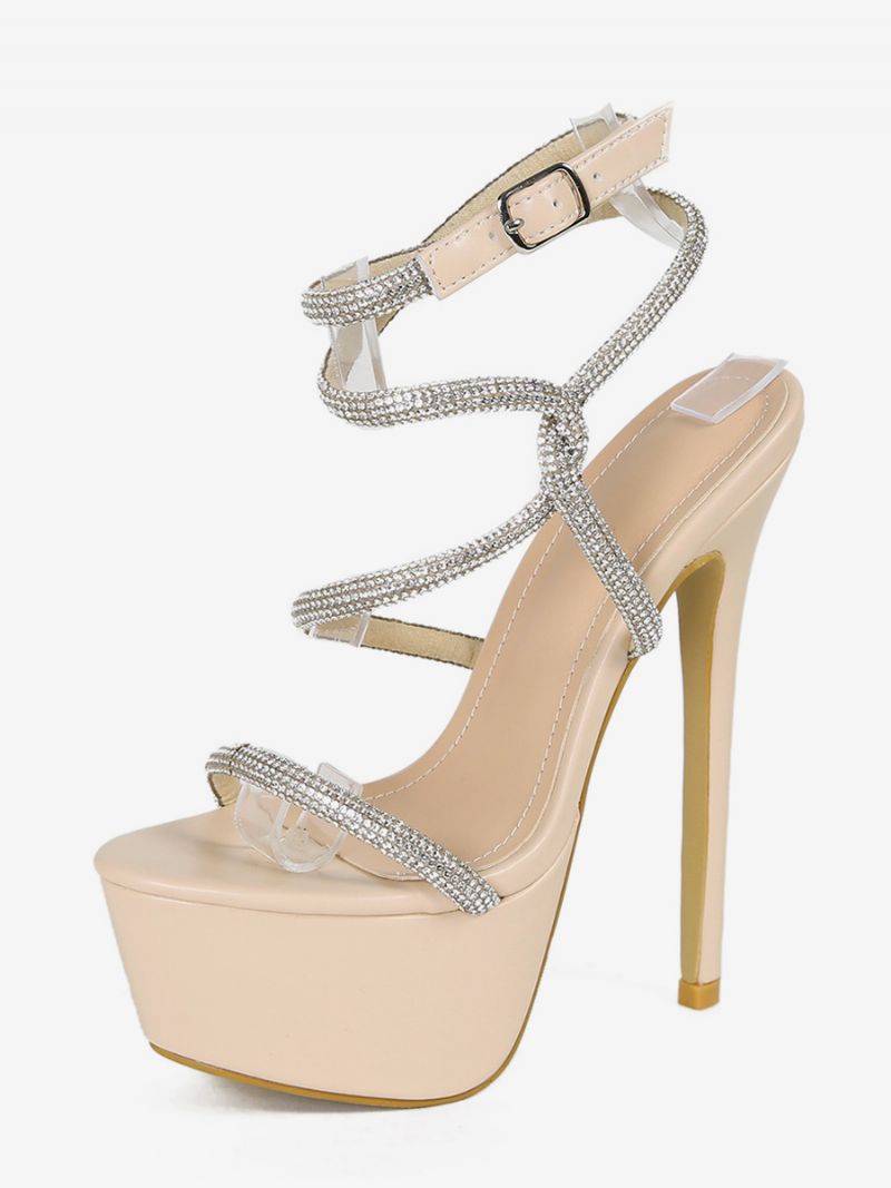 Sexede Sandaler Til Kvinder Sort Pu Læder Peep Toe 2.4 Tommer Rhinestones 6.3 Sko - Lysegul