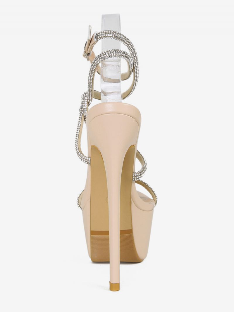 Sexede Sandaler Til Kvinder Sort Pu Læder Peep Toe 2.4 Tommer Rhinestones 6.3 Sko - Lysegul