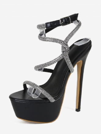 Sexede Sandaler Til Kvinder Sort Pu Læder Peep Toe 2.4 Tommer Rhinestones 6.3 Sko