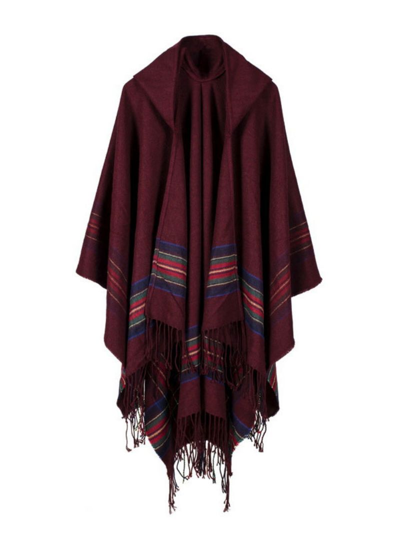 Shawl Wrap Bohemian Hooded Frynse Poncho Cardigan Cape Til Damer - Bourgogne