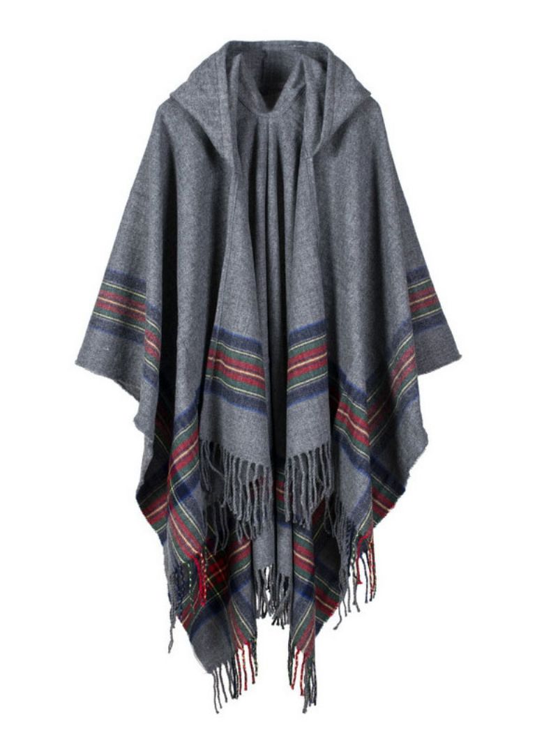 Shawl Wrap Bohemian Hooded Frynse Poncho Cardigan Cape Til Damer - Grå