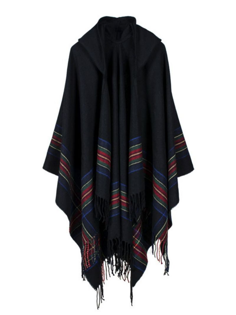 Shawl Wrap Bohemian Hooded Frynse Poncho Cardigan Cape Til Damer - Sort