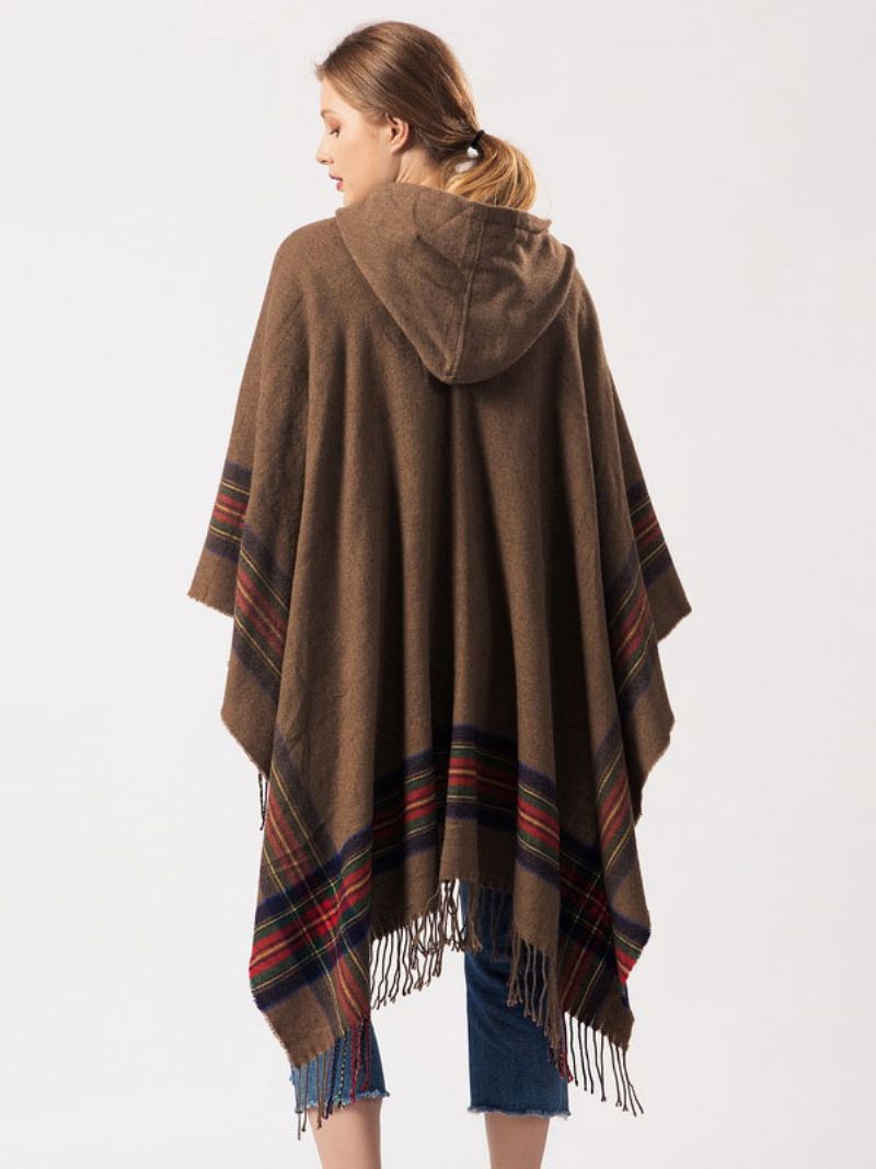 Shawl Wrap Bohemian Hooded Frynse Poncho Cardigan Cape Til Damer - Khaki