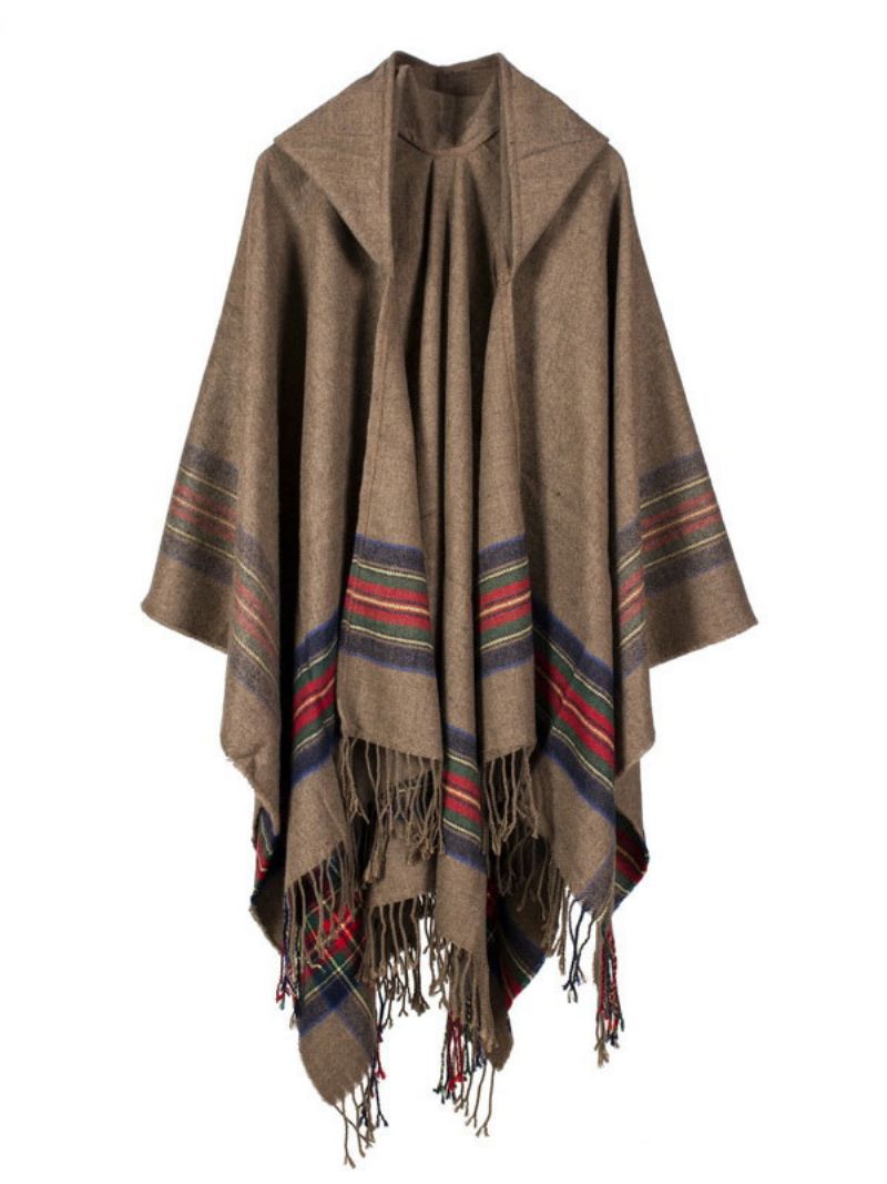 Shawl Wrap Bohemian Hooded Frynse Poncho Cardigan Cape Til Damer - Khaki