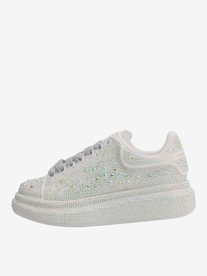 Sneakers Til Kvinder Hvide Rhinestones Brudesko Med Snøre - Hvid