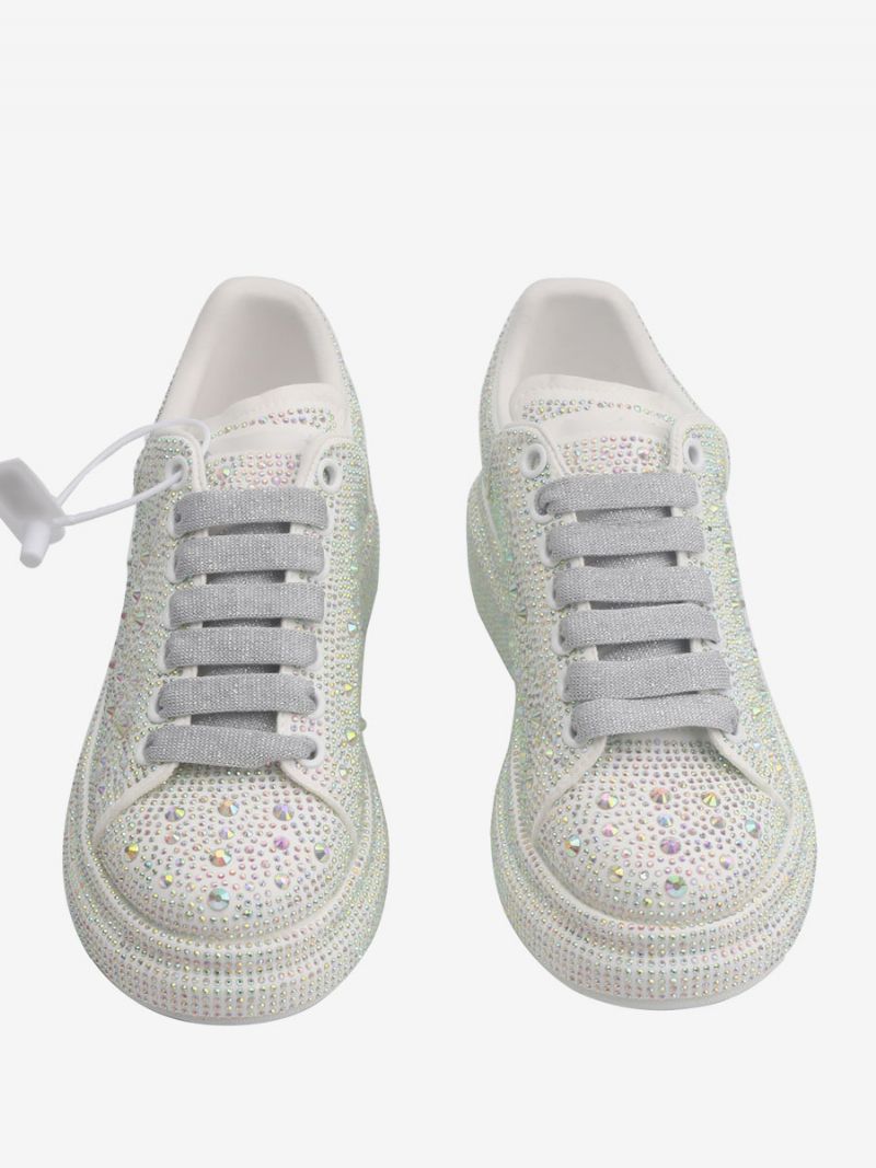 Sneakers Til Kvinder Hvide Rhinestones Brudesko Med Snøre - Hvid