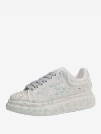 Sneakers Til Kvinder Hvide Rhinestones Brudesko Med Snøre