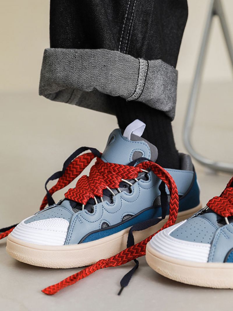 Sneakers Til Mænd Fashion Color Block Pu Læder Rund Tå - Blå