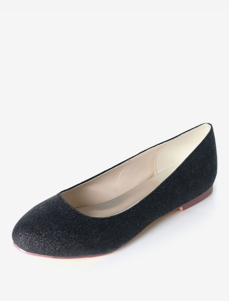 Sølvbryllupssko Glitter Rund Toe Slip On Brudepige Sko Damer Ballet Flats - Sort