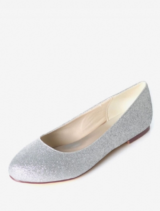 Sølvbryllupssko Glitter Rund Toe Slip On Brudepige Sko Damer Ballet Flats