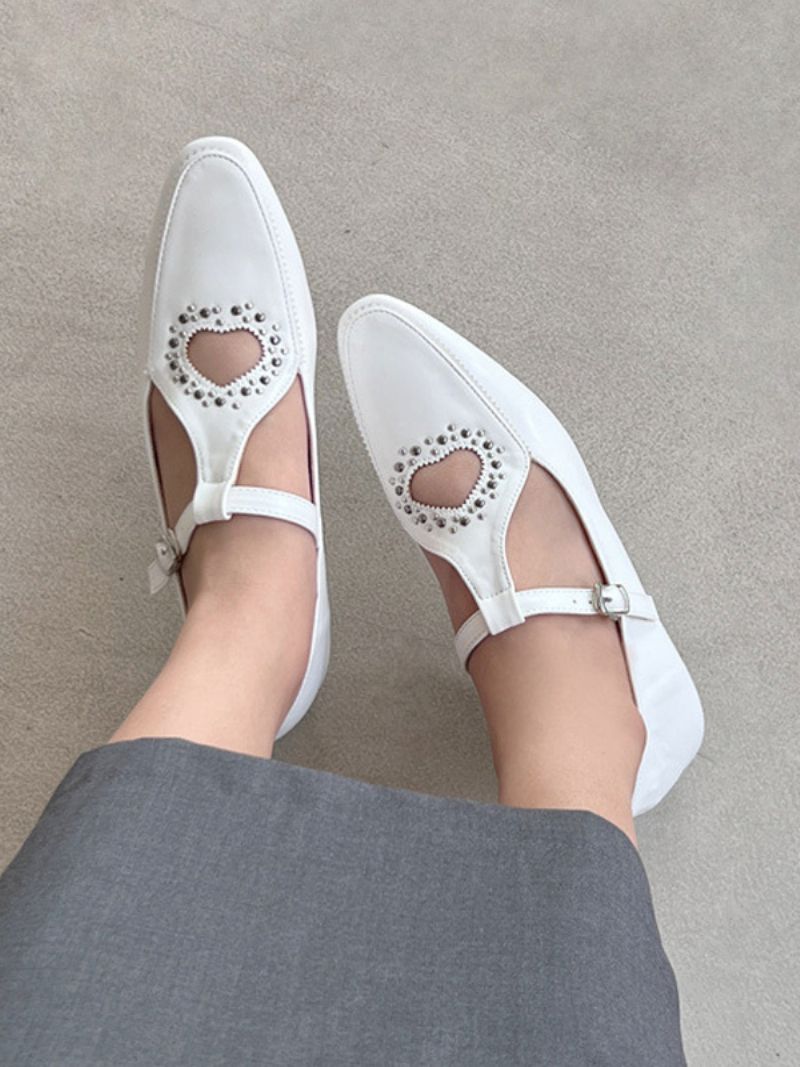 Sort Ballet Flats Square Toe Rhinestones Cut Out Spænde Detail Flade Sko Til Kvinder - Hvid