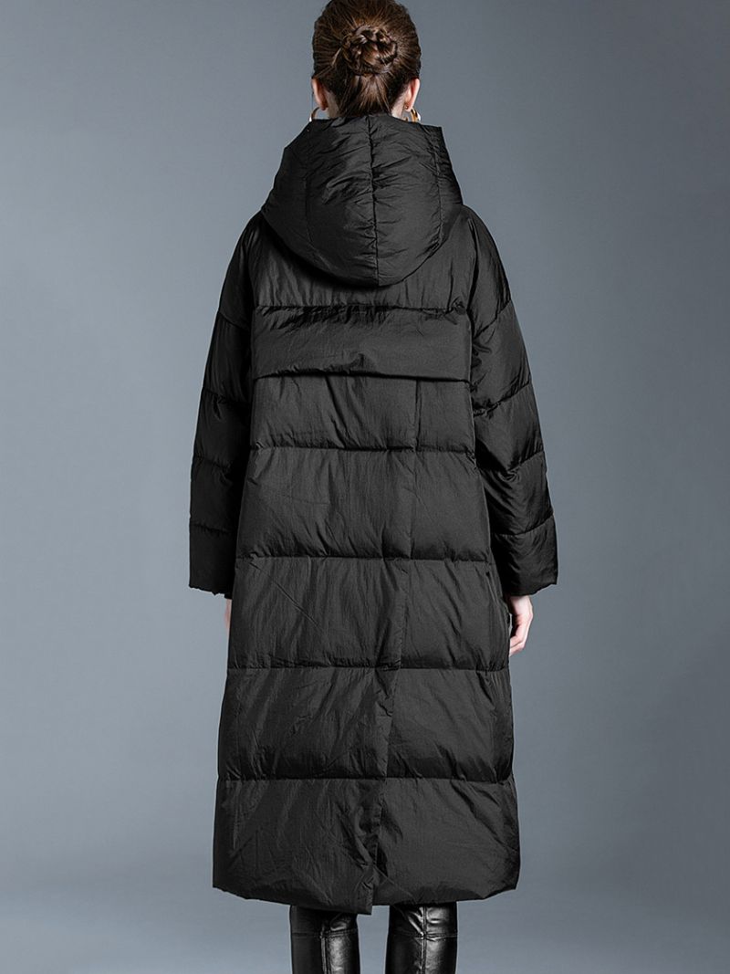 Sort Dunfrakke Hooded Long Puffer Vinterovertøj Til Kvinder - Sort