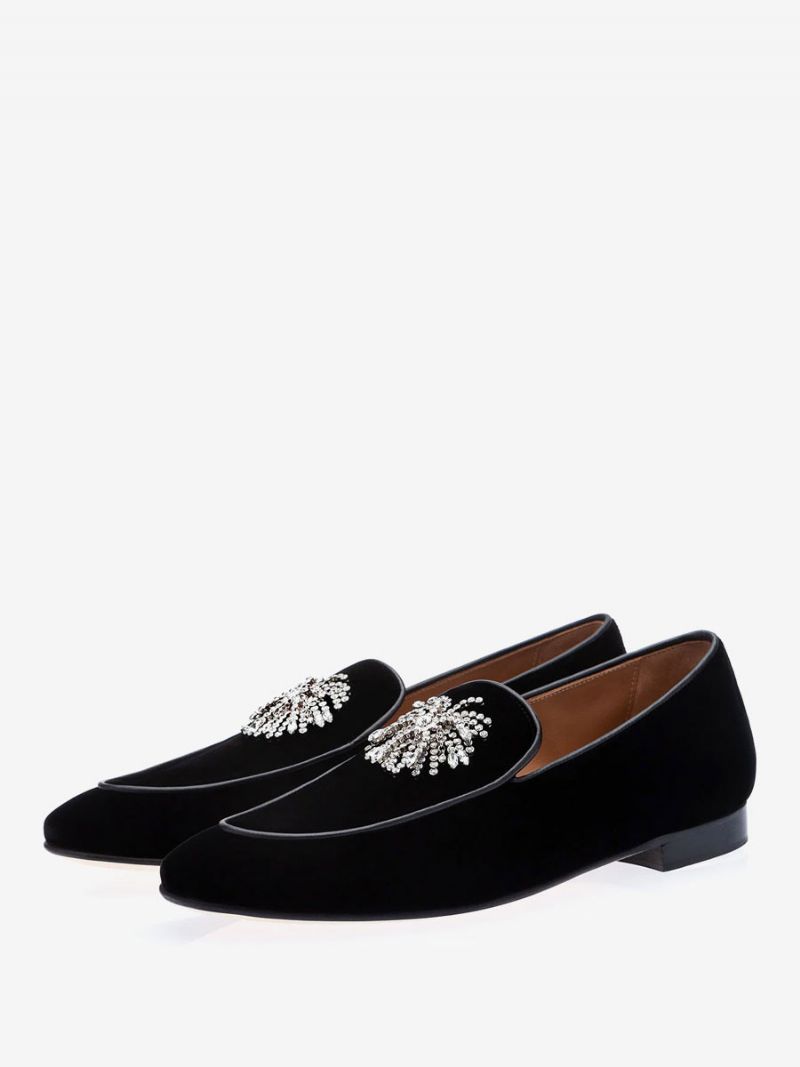 Sort Ruskind Loafers Herre Rund Tå Glamourous Rhinestones Prom Fest Bryllup Sko