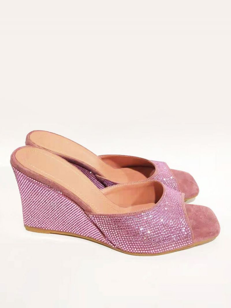 Sort Sexy Wedges Kvinder Rhinestones Nubuck Prom Wedge Sandaler - Pink