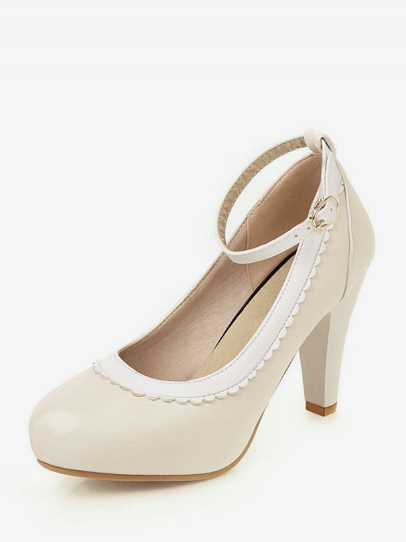 Sort Vintage Sko Damer Runde Tå Buer Ankel Strap Pumps - Beige