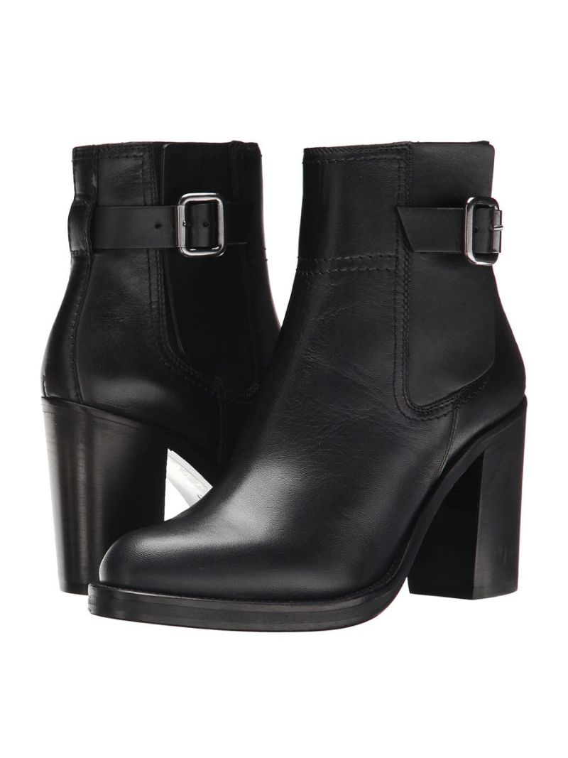 Sorte Ankelstøvler Damer Rundt Tåspænde Chunky Heel Booties - Sort