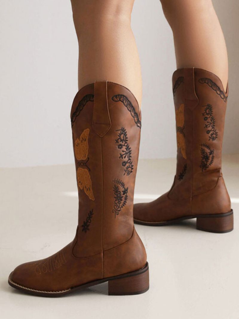 Sorte Cowboystøvler Dame Puppy Heel Mid Calf Støvler Cowgirl Bryllupssko - Dyb Brun