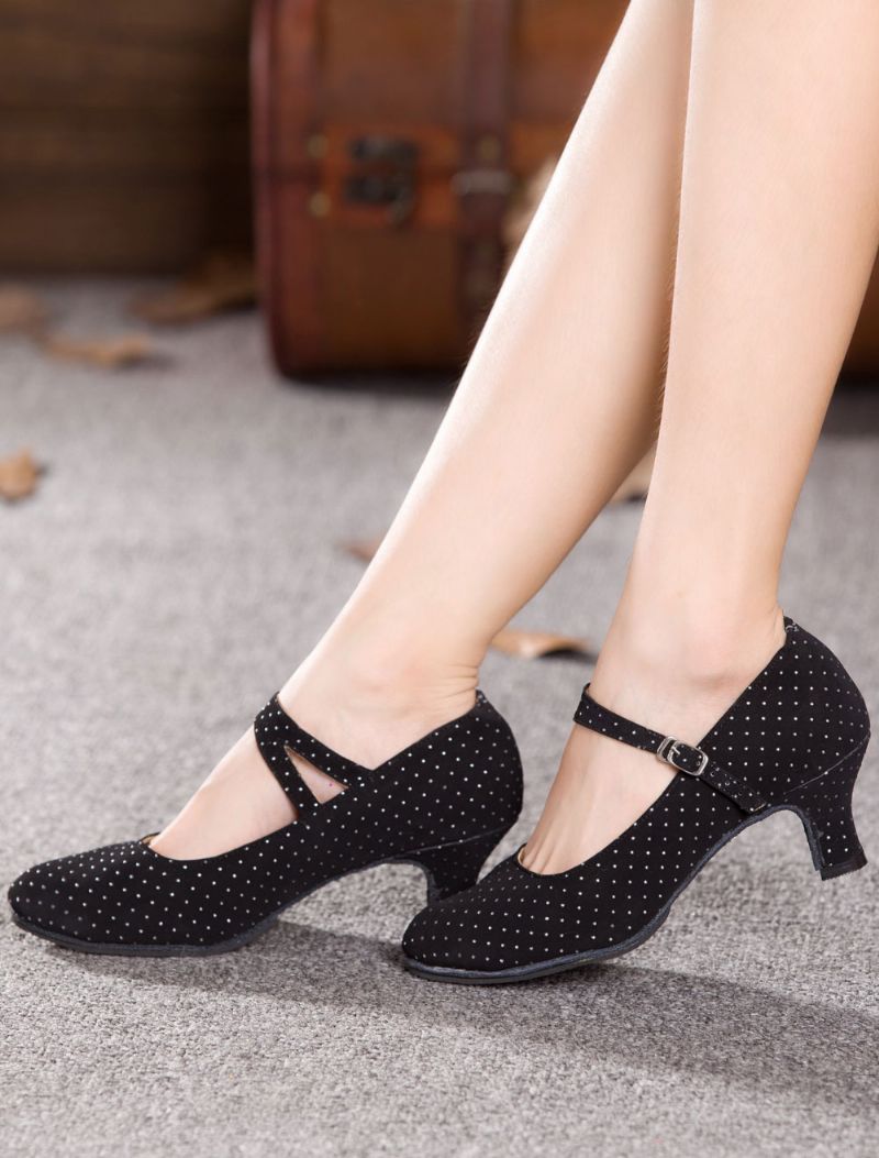 Sorte Dance Pumps Straps Print Ruskindshæl Til Kvinder