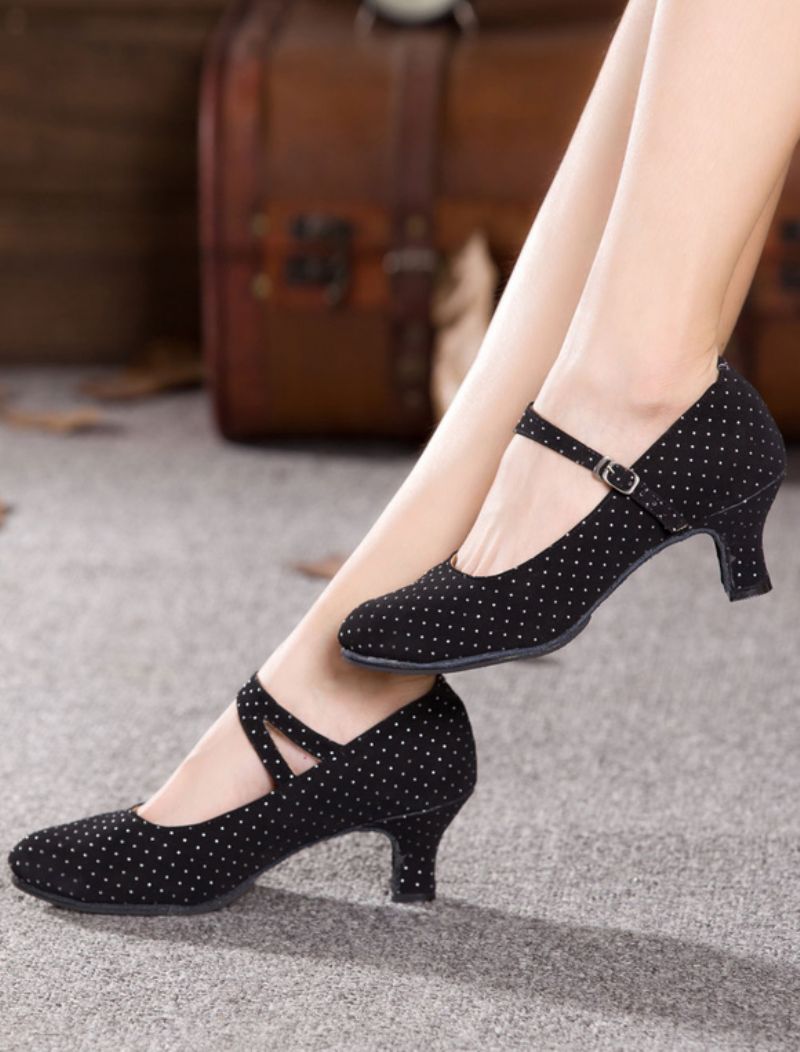 Sorte Dance Pumps Straps Print Ruskindshæl Til Kvinder - Sort