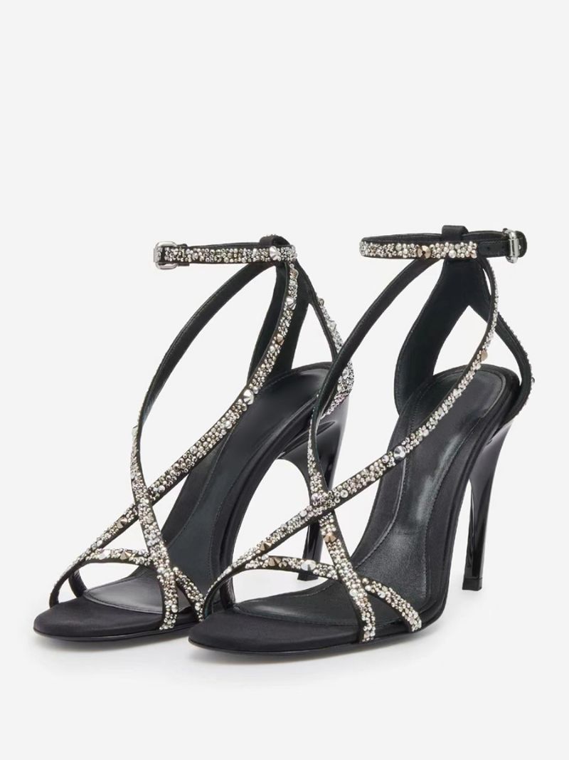 Sorte Gallasko Damer Højhælede Rhinestones Strappy Sandaler - Sort