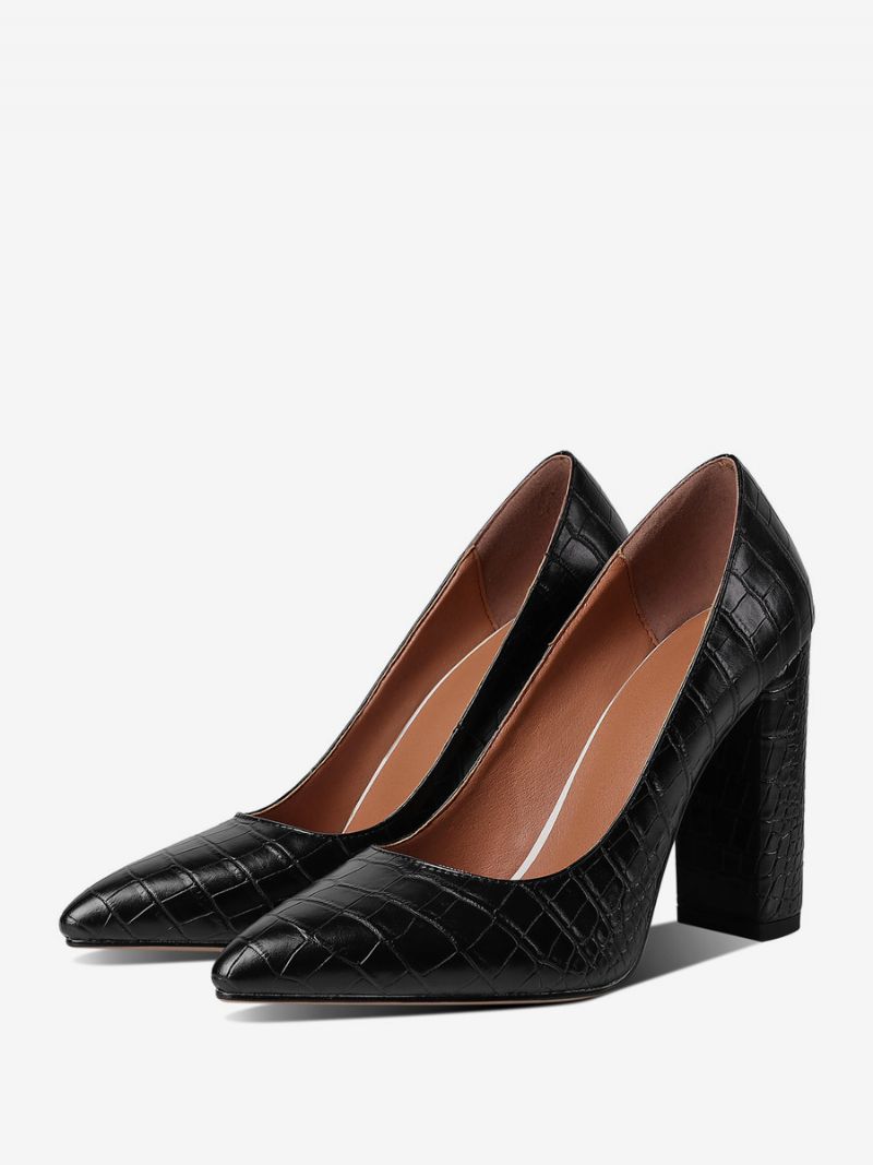 Sorte Højhælede Kvinder Med Spidstå Stenmønster Chunky Heel Pumps