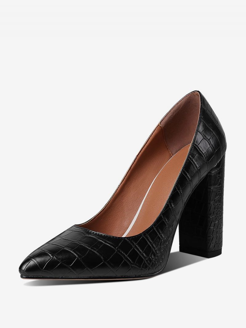 Sorte Højhælede Kvinder Med Spidstå Stenmønster Chunky Heel Pumps - Sort