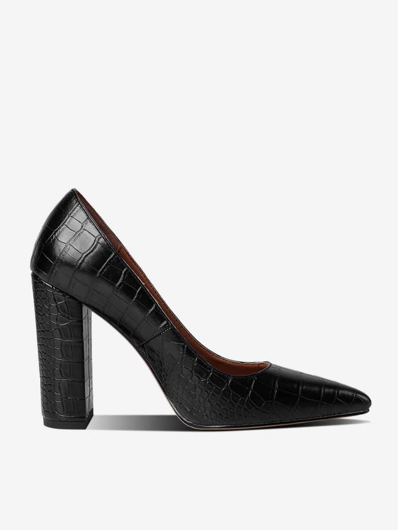 Sorte Højhælede Kvinder Med Spidstå Stenmønster Chunky Heel Pumps - Sort