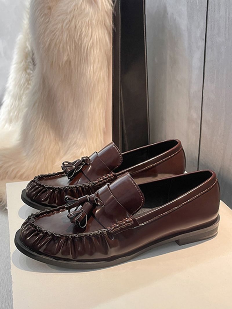 Sorte Loafers Til Kvinder Puppy Heel Slip On Med Kvaster - Bourgogne