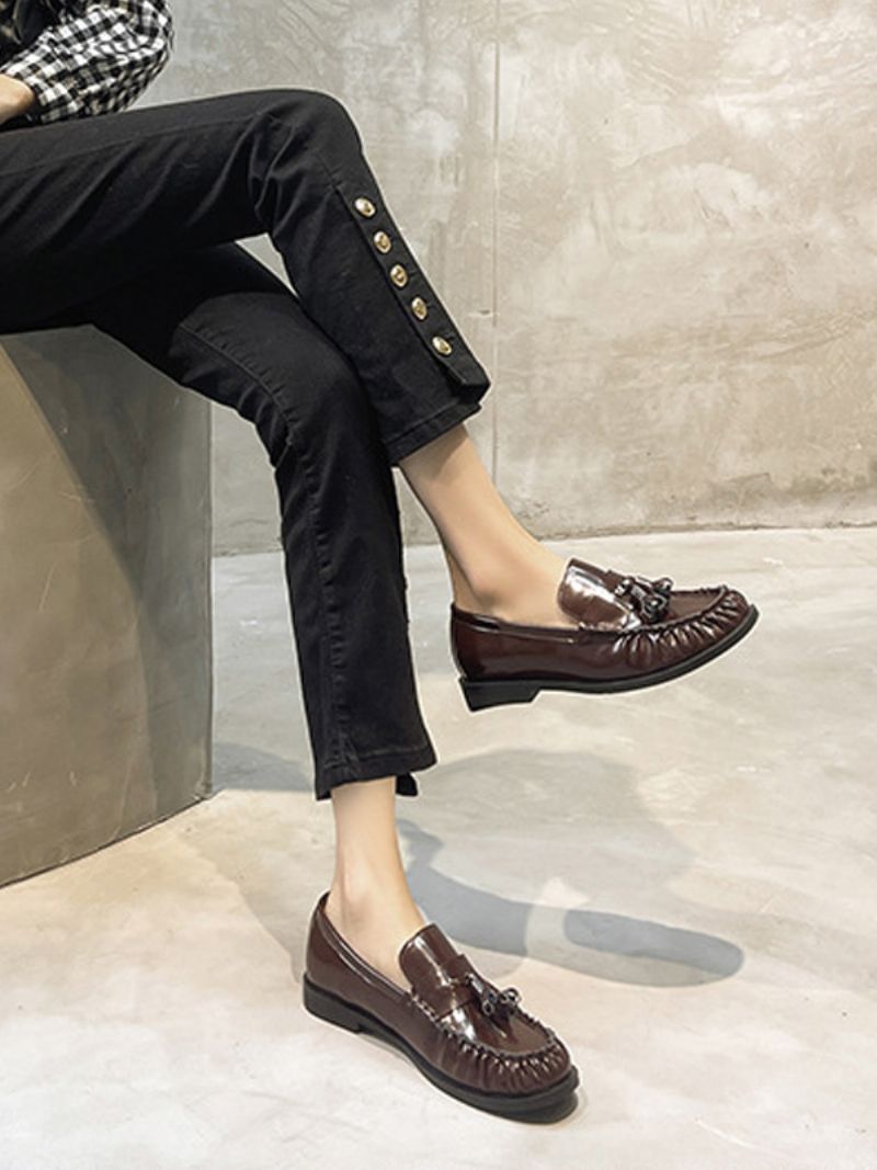 Sorte Loafers Til Kvinder Puppy Heel Slip On Med Kvaster - Sort