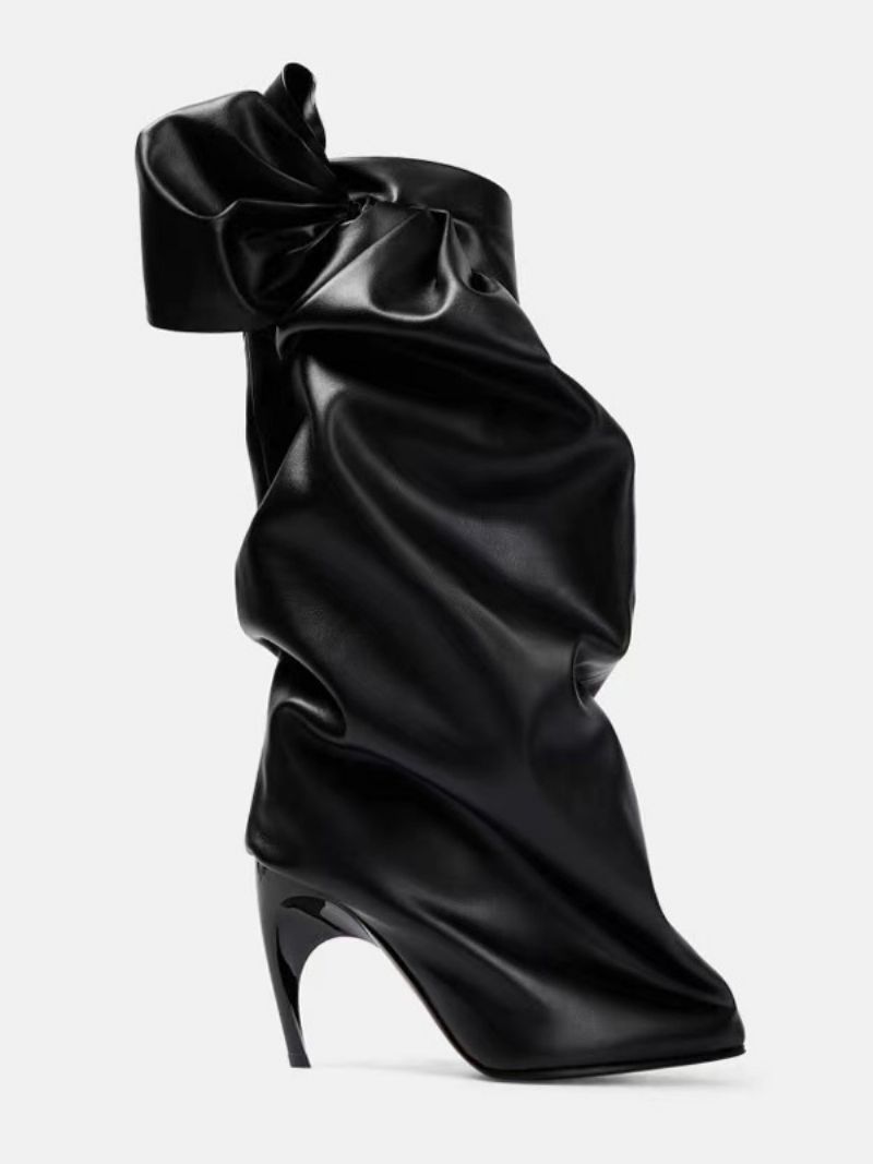 Sorte Mid Calf Støvler Damer Rund Toe Stiletto Heel Ruched Bow Designet Højhælede - Sort