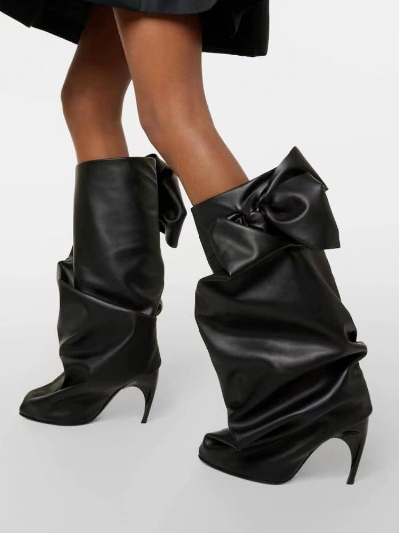 Sorte Mid Calf Støvler Damer Rund Toe Stiletto Heel Ruched Bow Designet Højhælede - Sort