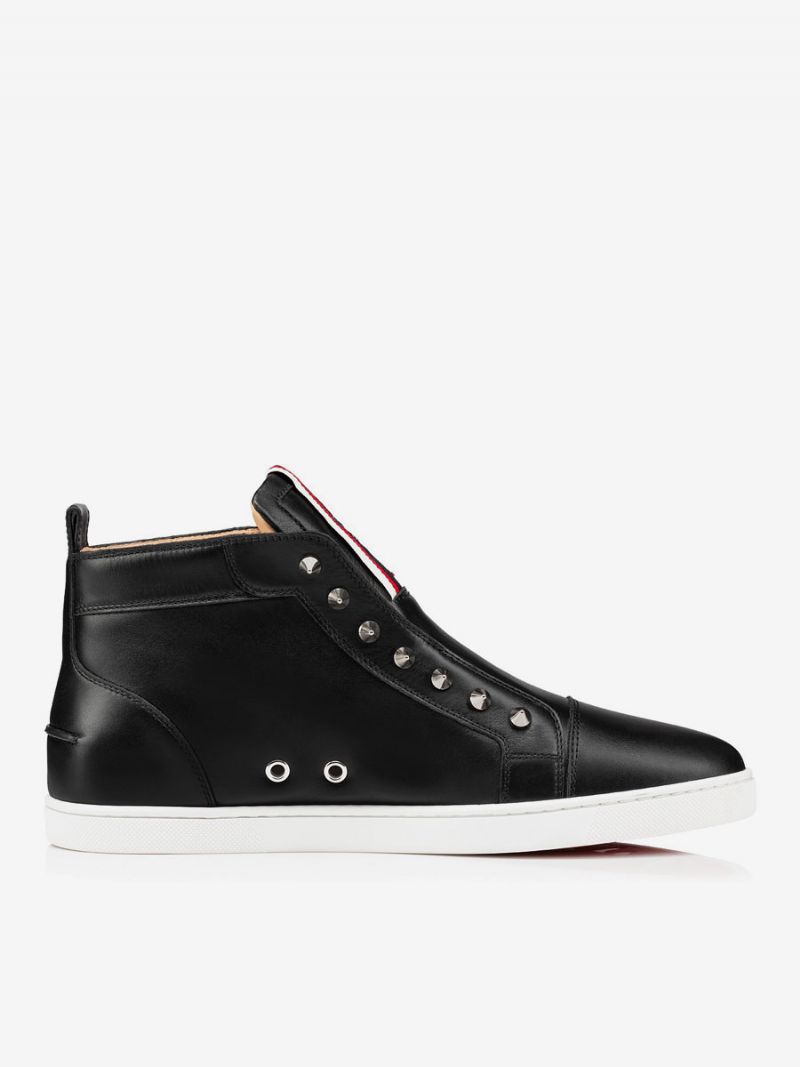 Sorte Skatesko Mænd Rund Tå Nitter Slip On High Top Sneakers - Sort