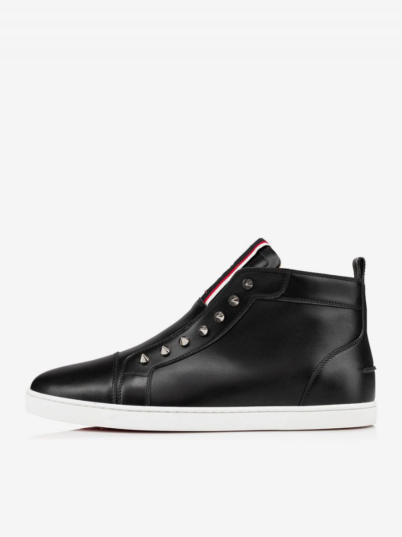 Sorte Skatesko Mænd Rund Tå Nitter Slip On High Top Sneakers - Sort