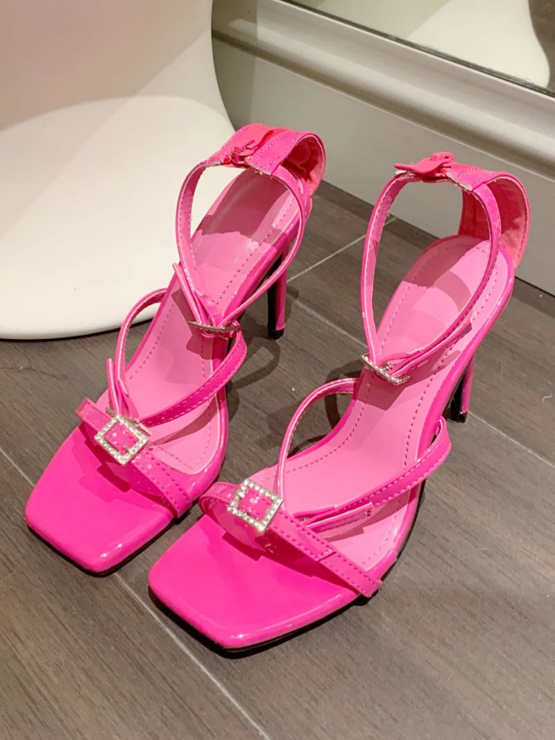 Sorte Strappy Sandaler Kvinder Square Toe Spænde Detail Højhælede - Rose