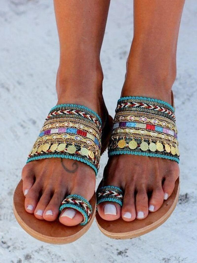 Strandsandaler Til Kvinder Boho Toe Loop Sandal Slides - Grøn